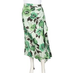 ERDEM Green Floral Print Asymmetric Draped Midi Skirt Size M